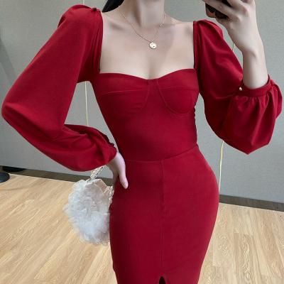 China Dresses anti-static sexy square collar autumn long sleeve split new fashion skirts night casual dress ladies for sale