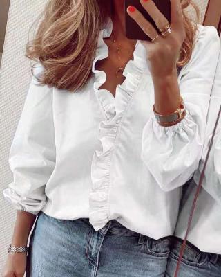 China Summer Ruffle V Neck Solid Color Breathable Long Sleeve Plus Size Ruffle Top Women Blouse for sale