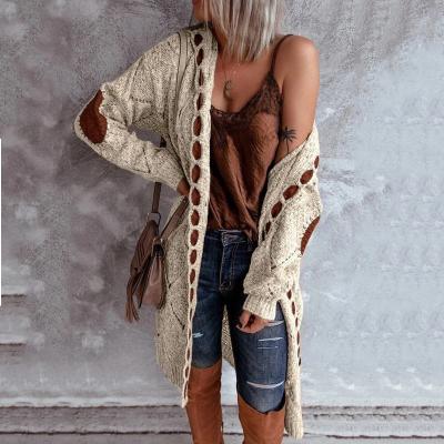 China Winter Anti-Shrink Plus Size Leather Patchwork Casual Leather Women Hooded Knitted Sweater Cardigan Long Sweater Coat for sale