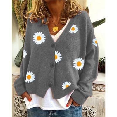 China Anti-shrink autumn new knit long sleeve v neck chrysanthemum embroidery single breasted cardigan sweater for woman for sale