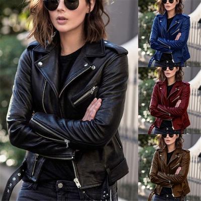 China Autumn Turn Down Collar Reversible Coat Crop Coat Button Zipper Pocket Leather Fabrics PU Leather Fabrics Jacket for sale