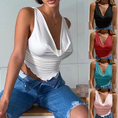 China Sustainable Sexy Summer Crop Top Sleeveless Solid Color V Neck Ruched Tank Top Women for sale