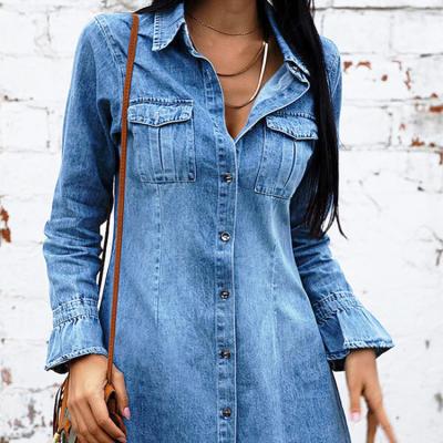 China Breathable Pockets Casual Simple Lady Knee Length Long Sleeve Button Denim Women Sexy Blue Jeans Dress for sale