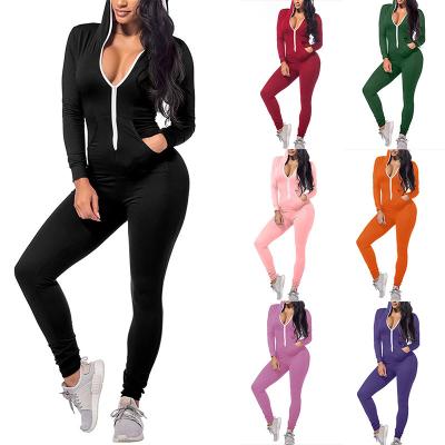 China Contrast Solid Color Zipper Long Sleeve Sporty One Piece Set Women Breathable Casual Hooded Skinny Top Pencil Pants for sale