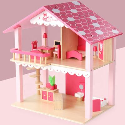 China Environmental Material Pretend Play Pink Dollhouse Furniture Accessories Set Toy Girls Miniature Wooden Doll House for sale