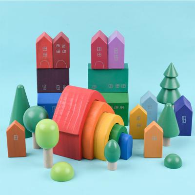 China Eco-friengly New House Forest Colorful Rainbow Stacker Game Wooden Building Blocks for sale