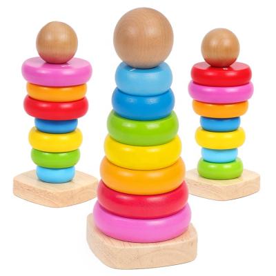 China DIY Toy Set Custom Kids Popular Educational Wooden Stacking Game Toys Rainbow Tower Toys for sale