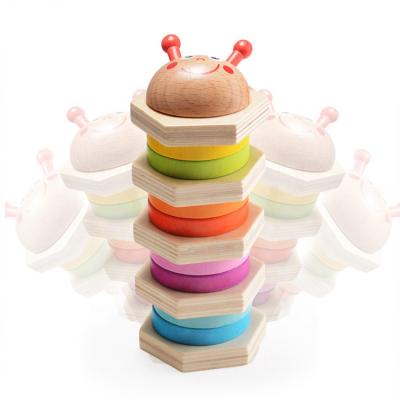 China Eco-friengly Baby Cartoon Ring Shape Ring Blocks Wooden Toddler Stacking Rainbow Tower Toy for sale