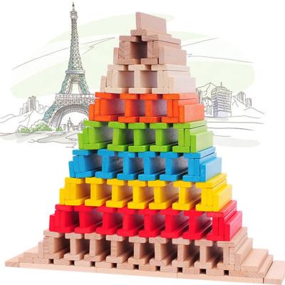 China Custom Made Educational Rainbow Material Rainbow Educational Wooden Learning Domino Colorful Blocks Toys for sale