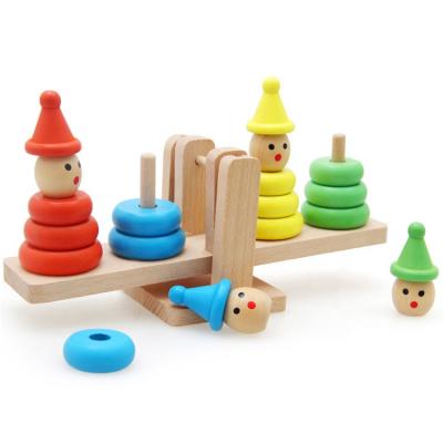 China Eco-friendly Material Kids Education Stacker Seesaw Ladder Early Board Blocks Game Clown Rainbow Tower Wooden Balance Toys for sale