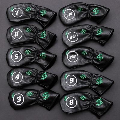 China Soft PU Leather Custom 9pcs One Set Dollars Embroidery Number Embroidery PU Golf Iron Black Soft Leather Cover Set for sale