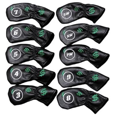 China Soft PU Leather 9pcs / Set Dollars Embroidery Number Embroidery PU Golf Iron Black Soft Leather Cover for sale