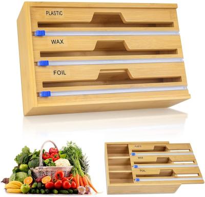 China Food Stored Cling Film Holder Aluminum Foil Storage Box Organizer 3 in 1 Plastic Wrap Bamboo Wooden Dispenser with Slide Cutter for sale