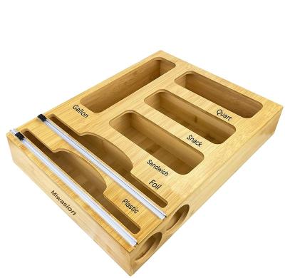 China Stored Bag Storage Box Organizer Holder Bamboo Wood Plastic Envelope Ziplock Dispenser With Zipper Cutter for sale