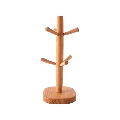 China Wholesale Viable Home Kitchen Cup Display Rack Drinkware Hanging Shelf With 6 Hooks Tree Shape Wooden Coffee Tea Cup Storage Holder Rack for sale