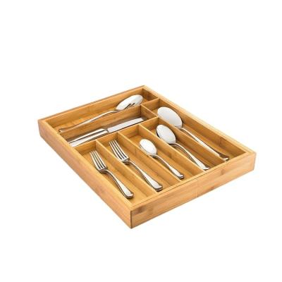 China Sustainable Expandable Bamboo Utensil Holder Tray Kitchen Cook Organizer Cutlery Storage Box For Cutlery for sale