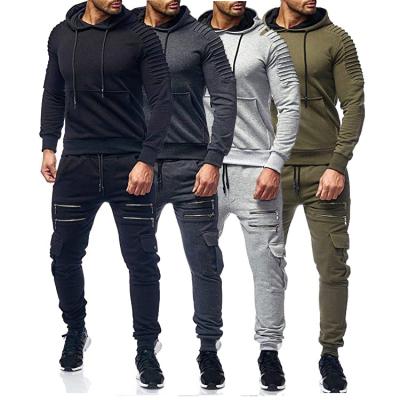 China 2021 New Anti-wrinkle men's sportswear casual striped pleated hooded suit outdoor joggling two-piece solid color sweater for sale