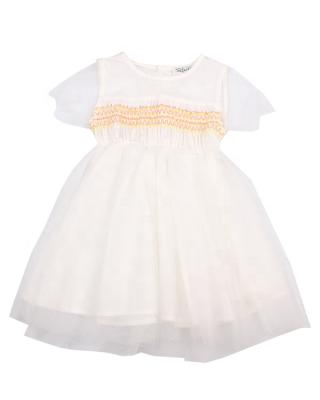 China Anti-wrinkle fashion design kids clothing girl o neck comfortable pleated dress with short sleeves and multi layer for sale