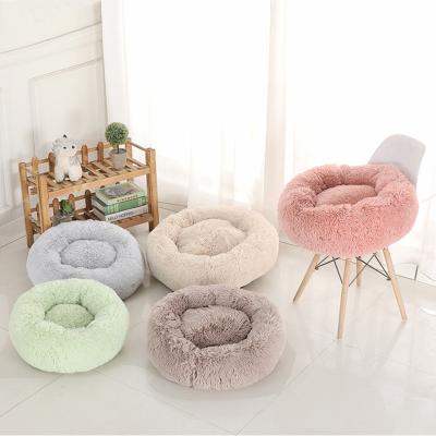 China Luxury Long Plush Stocked Pet Bed For Cat Puppy Donut Soothing Bed Anti Slip Dot Bottom Around Cat Bed for sale