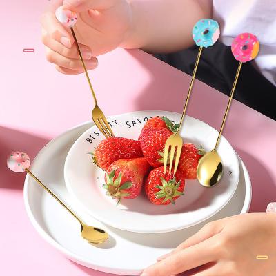 China Cute Stocked Kitchen Flatware Baby Children Tableware Donut Dessert Spoon Fork for sale