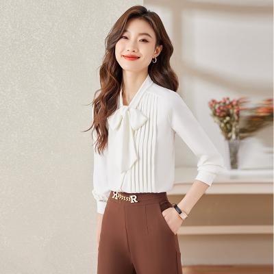 China Anti-pilling Autumn New Lace Up Pleated Cardigan Shirt Female Design Formal Tops Business Blouse Women's Wear for sale