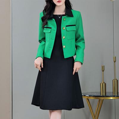 China QUICK DRY ladies High quality Formal Green Beads Blazer Casual Woman Black Church Pleated Skirt Dress Suits Set for sale