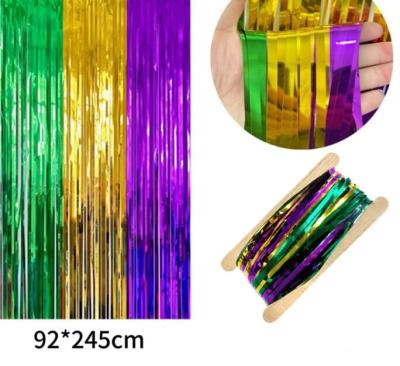 China Party background wall, birthday party purple, gold and green three-color stitching rain curtain for sale