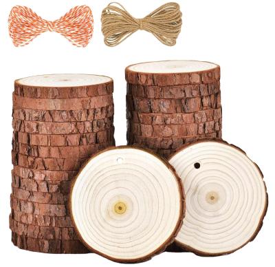 China Natural Europe Pine Round Unfinished Wood Cut Circles Slices with Tree Bark Log Discs DIY Open Log Slice for sale