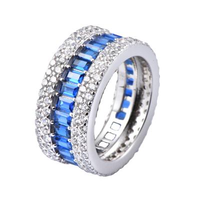 China Hiphop jasen jewelry hip hop eternity 925 sterling silver band ring with blue diamonds ring for woman for sale