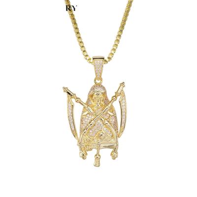 China Hiphop JASEN JEWELRY Gold Plated Iced Out Grim Reaper Necklace Pendant for sale