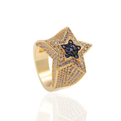 China European and American hip-hop men's hip-hop zircon star ring micro-inlaid sapphire five-pointed ring starring trend accessories for sale