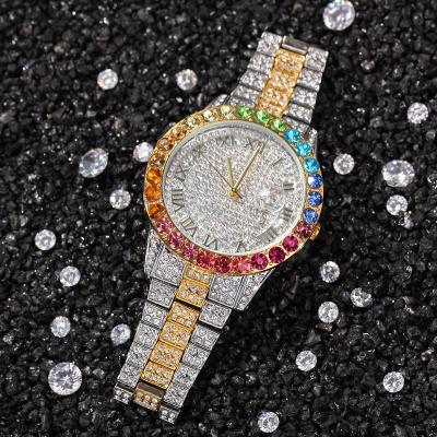 China New casual simple alarm watch hip hop diamond rainbow gradient color calendar quartz watch for sale