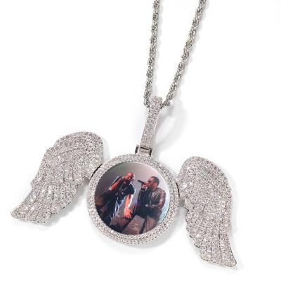 China Hip Hop Photo Necklace Fashion Zircon Wings Customized Photo Hippie Couples Necklace DIY Memorial Necklace for sale