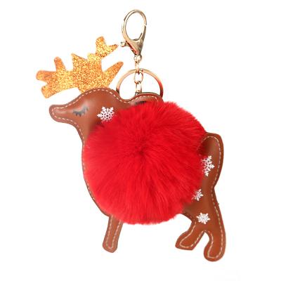 China Christmas Wool Ball Key Chain PU Elks Plush Leather Pendant for sale