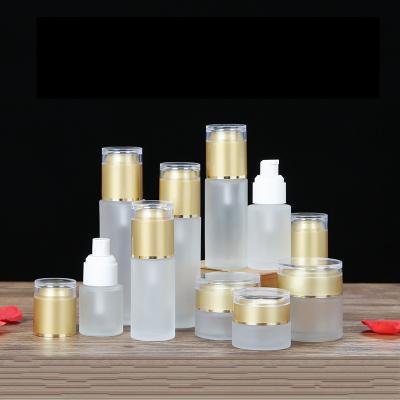 China Luxury Frosted Luxury Cosmetics Containers Jar Bottle Cream Jar Lotion Pump Bottle Set for sale