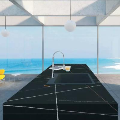 China Modern Customized Stone Quartz Crystal Countertop With Gold Prefab Black Quartz Veins For Bathroom for sale