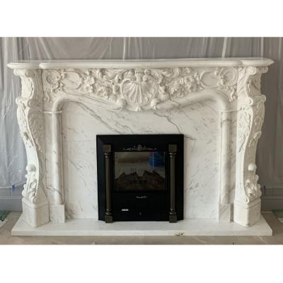 China Wholesale Traditional White Arch Style Carara Marble Mantel Price Frame Fireplace Single Fireplace With Frame Shelf for sale