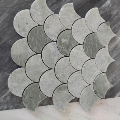 China White Parquet Fan Shape Fishscale Ceramic Porcelain Wall Custom Marble Slab Hand Made Greek Waterjet Mosaic For Craft for sale