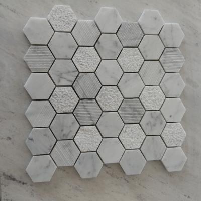 China Parquet New Arrive 2021 Carrara Hone White Waterjet Marble Flooring Shell Tile Mosaic For Wall Pearly for sale