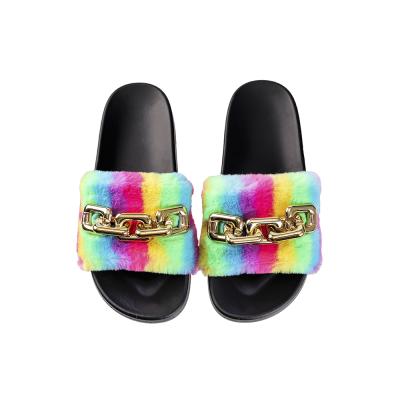 China 2022 Fashion Winter Faux Fur Flat Slides Colorful Ladie Sandals Plush Shoes Indoor Outdoor Indoor Anti-slippery PVC Chain Slippers for sale