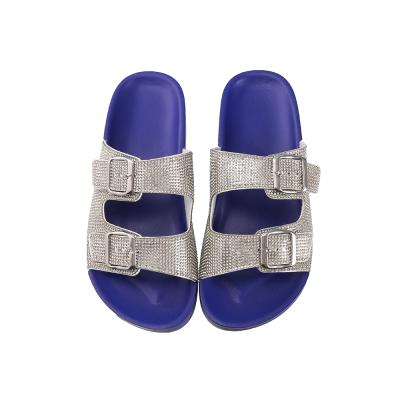 China 2022 New Fashion Double Buckle Sequin Flat Outdoor Comfortable Slippers Bling Shoes Anti-slippery Female Sandals for sale