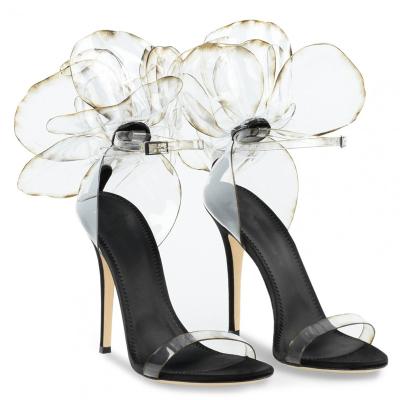 China Unique Design Big Flower Fashion Trend Black Suede Back PVC Women High Heel Sandals Heel Sexy Sandals for sale