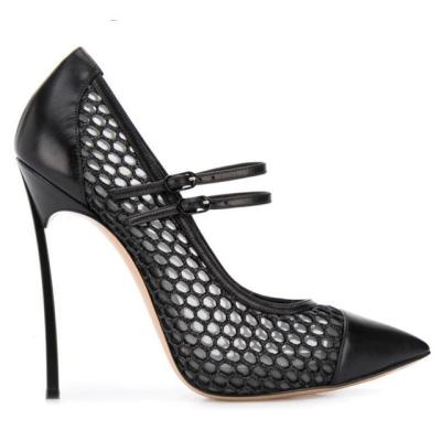 China Durable PU And Mesh Steel Heel Black High Heel Pumps Classic Court Shoes for sale