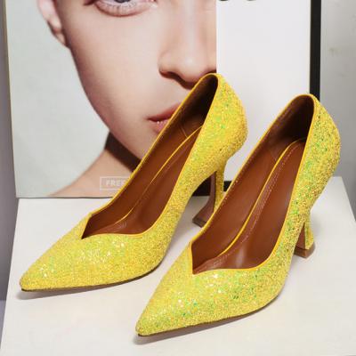 China Durable Neon Yellow Glitter Shoe Maker Custom Heels Fashionable Women High Heel Shoes Heels Pumps for sale