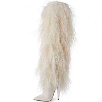 China Durable White Feather Tassel Boots High Heel Fur Boots Fashion Women Heel Boots for sale