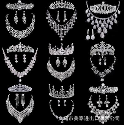 China three-piece diamond headpiece bridal necklace crown clavicle chain wedding birthday party accessories 51-80cm for sale