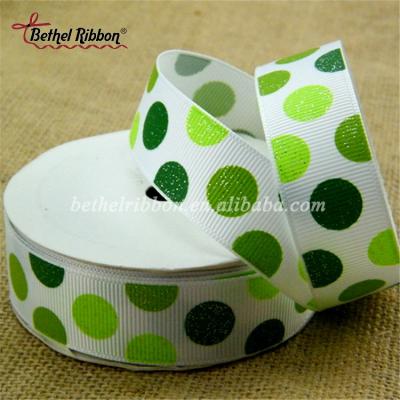 China Yellow Green Polka Dot Print Grosgrain Ribbon Double Face or Single Face Teardrop Custom Poly Color for sale