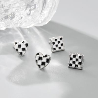 China Wholesale Jewelry 925 Sterling Silver Earrings Square Love Ear Studs Checkerboard Stud Earrings Fashion Trendy Women Personality for sale