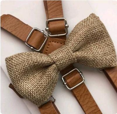 China Striped fashion handmade bow ties for gentleman wedding straw bow tie with leather straps for sale