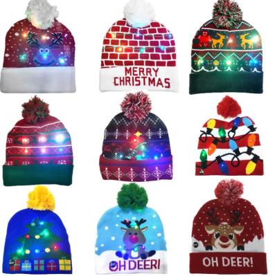 China Christmas Decoration LED Lighting Knitted Beanie Ugly Sweater Holiday Christmas Beanie Hat Knit Caps for sale